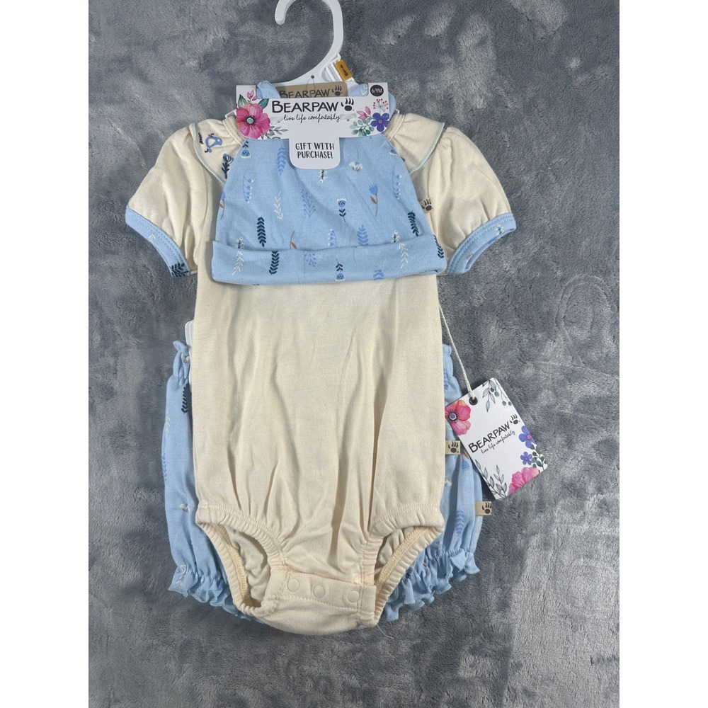 Bearpaw Baby Girls 3PC Bodysuit‎ Bloomer Beanie Set Blue Cream Floral 6-9M